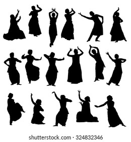 Isolated silhouettes of indian dancers. Vector set 