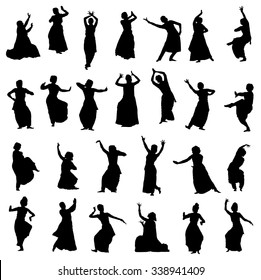 Isolated silhouettes of indian dancers. Vector set 