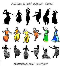 Isolated silhouettes of indian dancers. Vector stock illustration for design on white background