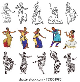 Isolated silhouettes of indian dancers. Vector stock illustration for design on white background