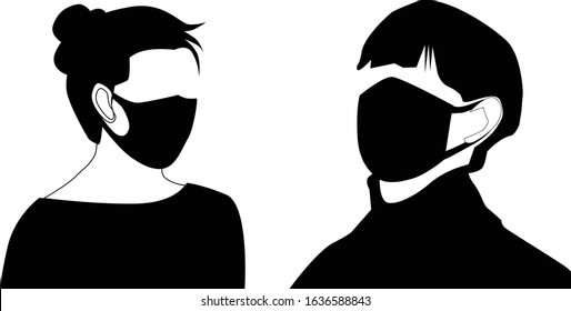 Isolated silhouettes of man and woman wearing Hygienic mask on white background. Personal protective equipment. People template of sticker or icon for protect from air pollution. - vector