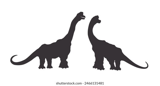 Isolated silhouettes of a pair of dinosaurs. Animals of the Jurassic period. Black drawing of ancient monsters. Sketch of prehistoric reptiles. Vector illustration