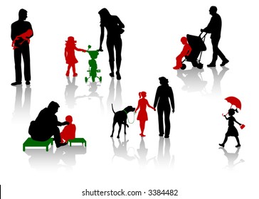 The isolated silhouettes of parents with children.