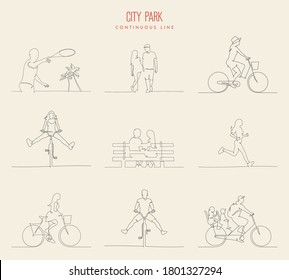 Isolated silhouettes of people in park. Continuous line drawing of lovers, cyclists, jogging, beach games. Set of simple linear elements. Yellow texture background. Graphic vector illustration