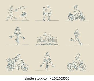 Isolated silhouettes of people in park. Continuous line drawing of lovers, cyclists, jogging, beach games. Set of simple linear elements. Beige texture background. Graphic vector illustration