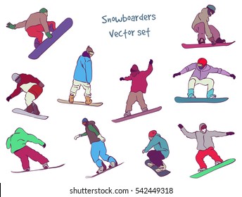 Isolated silhouettes snowboarders. Vector set for design