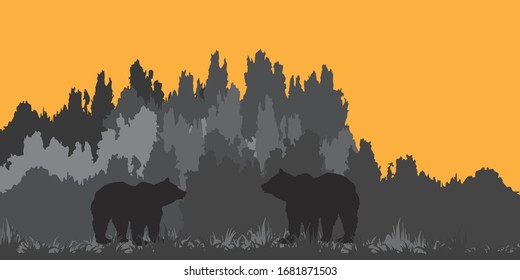  isolated silhouettes of two drawn bears against a dark forest background