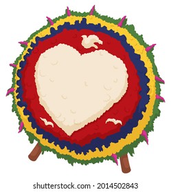 Isolated Silleta resting in wooden legs, decorated with a big heart, doves and Colombian flag colors promoting the love and peace during Festival of Flowers.