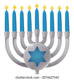 Isolated silver Hanukkiah, with blue lighted candles and button with Star of David over white background.