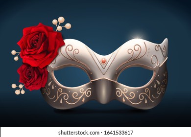 Isolated silver masquerade mask with roses and pearl in 3d illustration on blue background