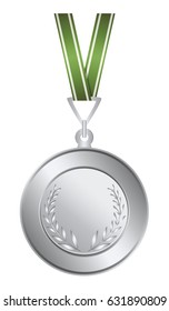 Isolated silver medal on white background. Award with ribbon.