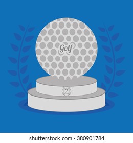 Isolated silver trophy with a golf ball on a blue background with a laurel wreath