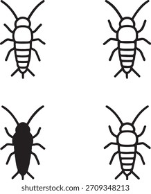 Isolated Silverfish insect, small crawling insect, household pest, tiny bug, black insect, insect vector, minimal thin stroke, isolated on white background, grid icon, micro