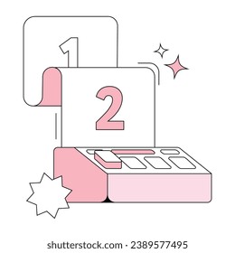 Isolated simple 2D vector illustration with black outlines and pastel colors of cute typewriter device with outgoing paper and numbers signs on it. Modern icon design for marketing or blog web site