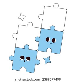 Isolated simple 2D vector illustration with black outlines and pastel colors of connected puzzles characters for comercial and business goals. Adorable teamwork icon for educational web site 