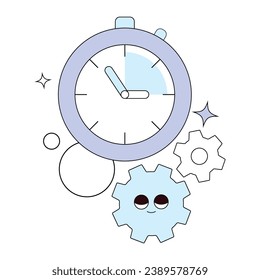 Isolated simple 2D vector illustration with black outlines and pastel colors of clock and gears character with cute eyes and smile. Adorable modern icon design for any blog or commercial web site