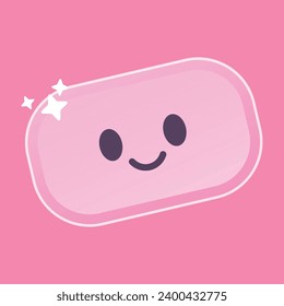 Isolated simple 2D vector illustration with white outlines and pastel colors of solid pink soap character with cute eyes and smile. Hygiene and Spa