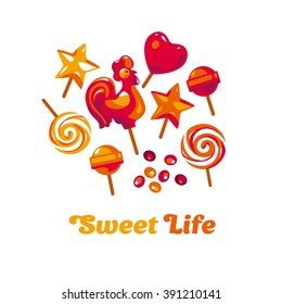 isolated simple candy set on white background. Sweet candies flat icons set in shape of circle with assorted colorful lollipops . red xmas candy