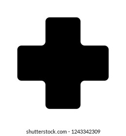 Isolated simple curved smooth black medical cross symbol icon silhouette illustration in vector on white background.
