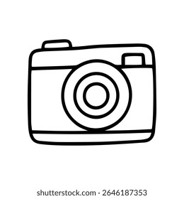 O design simples isolado mostra um ícone de câmera desenhada à mão. É um doodle vetorial de uma câmera fotográfica em um estilo de arte minimalista em linha preta