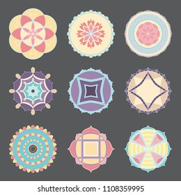 Isolated simple designs of colorful mandalas useful for coloring pages and books and as a decoration in any form