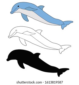 Isolated, Simple Doodle Dolphin, Sketch And Silhouette