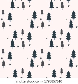 Isolated simple forest fir tree seamless pattern. Monochrome design with black nature ornament on white background. Backdrop for wallpaper, textile, wrapping paper, fabric print. Vector illustration.