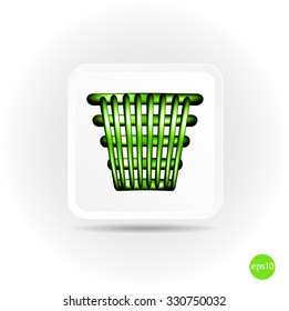 Isolated, simple, green bin icon, symbol, button with shadows on bright background
