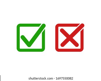 Isolated Simple Green Right And Red Wrong Or Tick And Crossing Sign True, False In Round Square Shape Icon For Logo, Symbol, Bullet, Web, Banner, Label, Quiz, Question, Item Etc. Flat Vector Design.