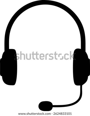 An isolated simple headset in black color is positioned against a plain white background. This headset features earcups and a microphone boom, rendered in a minimal flat style.