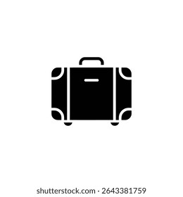 Isolated, simple icon graphic of black suitcase with handle on top, rounded corners, short support feet, and small wheels. Perfect for travel planning, vacation, or luggage themes.