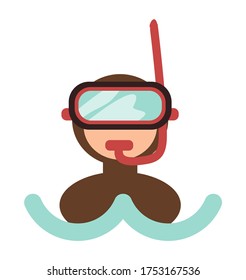 Isolated simple icon portrait of diver in diving mask among sea waves, underwater summer activity, diving tourism icon. Man wearing diving mask with tube going to dive. Snorkeling leisure or hobby