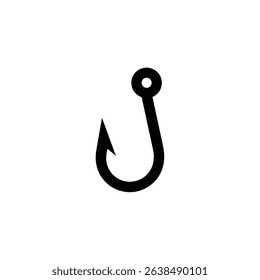An isolated simple illustration displays a black fishing hook on a clean white background, essential for angling equipment, ideal for vector icons or fishing themes.