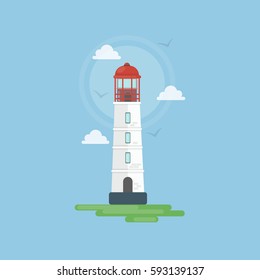 Isolated simple lighthouse with marine landscape as clouds and shore. Concept of tourism, navigation and seaside.