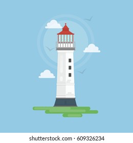 Isolated simple lighthouse with marine landscape as clouds and shore. Concept of tourism, navigation and seaside.
