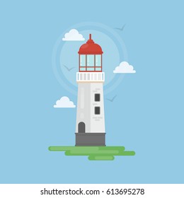 Isolated simple lighthouse with marine landscape as clouds and shore. Concept of tourism, navigation and seaside.