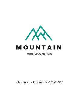 Isolated simple and minimalist monoline outline image of blue mountain logo. Logo for the mountain climbing or travel shop.