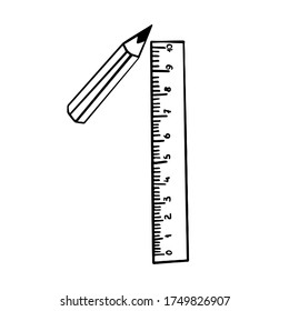 Isolated simple pencil, school ruler with a scale. Vector illustration of a subject on a white background. Cartoon style. Children's coloring book. Elements for school scrapbook set.