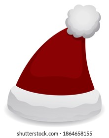 Isolated and simple Santa's hat with red velvet, white liner and fluffy pompom over white background.