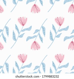 Isolated simple seamlss flower pattern. Tulip silhouettes with pink buds and blue stems on white background. For wallpaper, textile, wrapping paper, fabric print. Vector illustration.