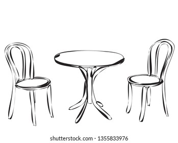  isolated, simple sketch of a table and chair