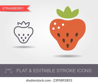 Isolated simple vector line icon strawberry with shadow and flat icon, isolated vector illustration with editable stroke