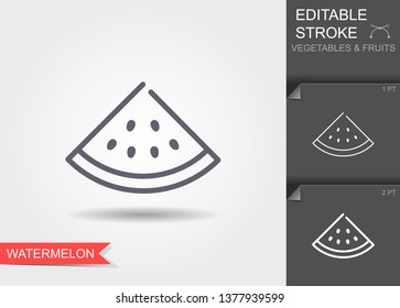 Isolated simple vector linear icon watermelon with shadow. Outline icon with editable stroke