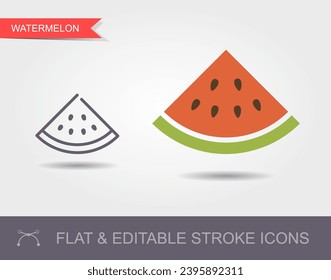 Isolated simple vector linear icon watermelon with shadow. Outline icon with editable stroke and flat icon