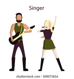 Isolated singers set. Isolated figures of man and woman in uniform with guitar and microphone standing on white background.