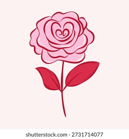 Aislado solo floreciente rosa en estilo de boceto de tinta. Ilustración vectorial plana en colores rosas rojos. Plantilla para la tarjeta, cartel, menú, patrón, etiqueta engomada.