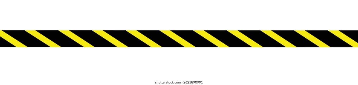 Isolated single crossed police warning tape with yellow and black stripes. Caution ribbon tape. Warning line for police.