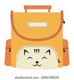 Elemento aislado de la mochila. Diseño moderno en estilo plano dibujado a mano. Mochila amarilla linda con la cara y los bolsillos divertidos del gato
