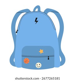Isolated single element of schoolbag. Trendy design in flat hand drawn style. Blue backpack with attached icons.