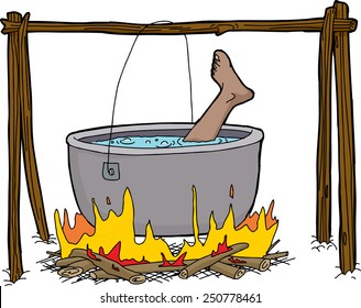 Isolated single foot boiling in campfire kettle